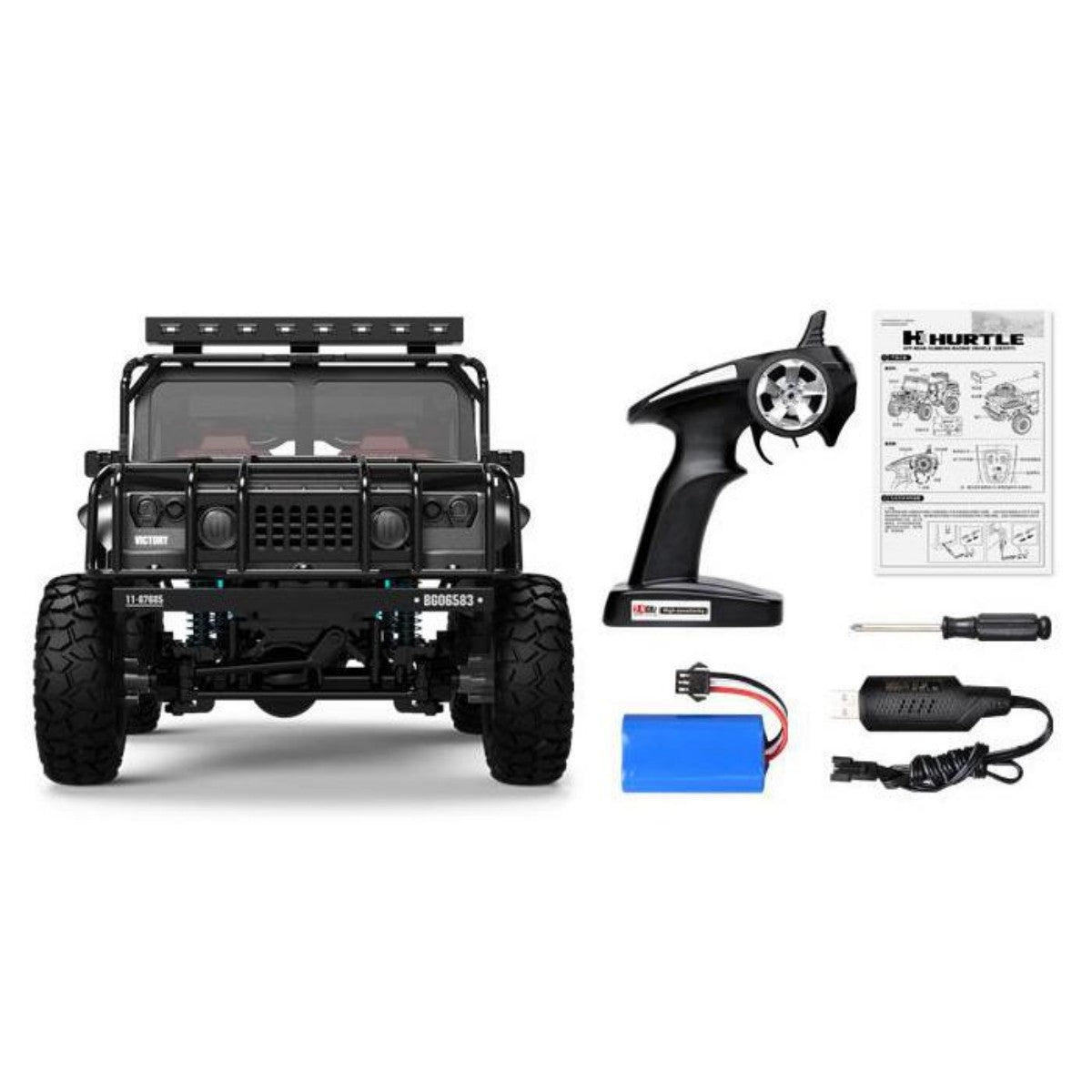 WBRC BG1535 H1 HUMMER 1:12 4WD RC Crawler Truck with remote controller, battery, charger, and user manual included in the toy set.